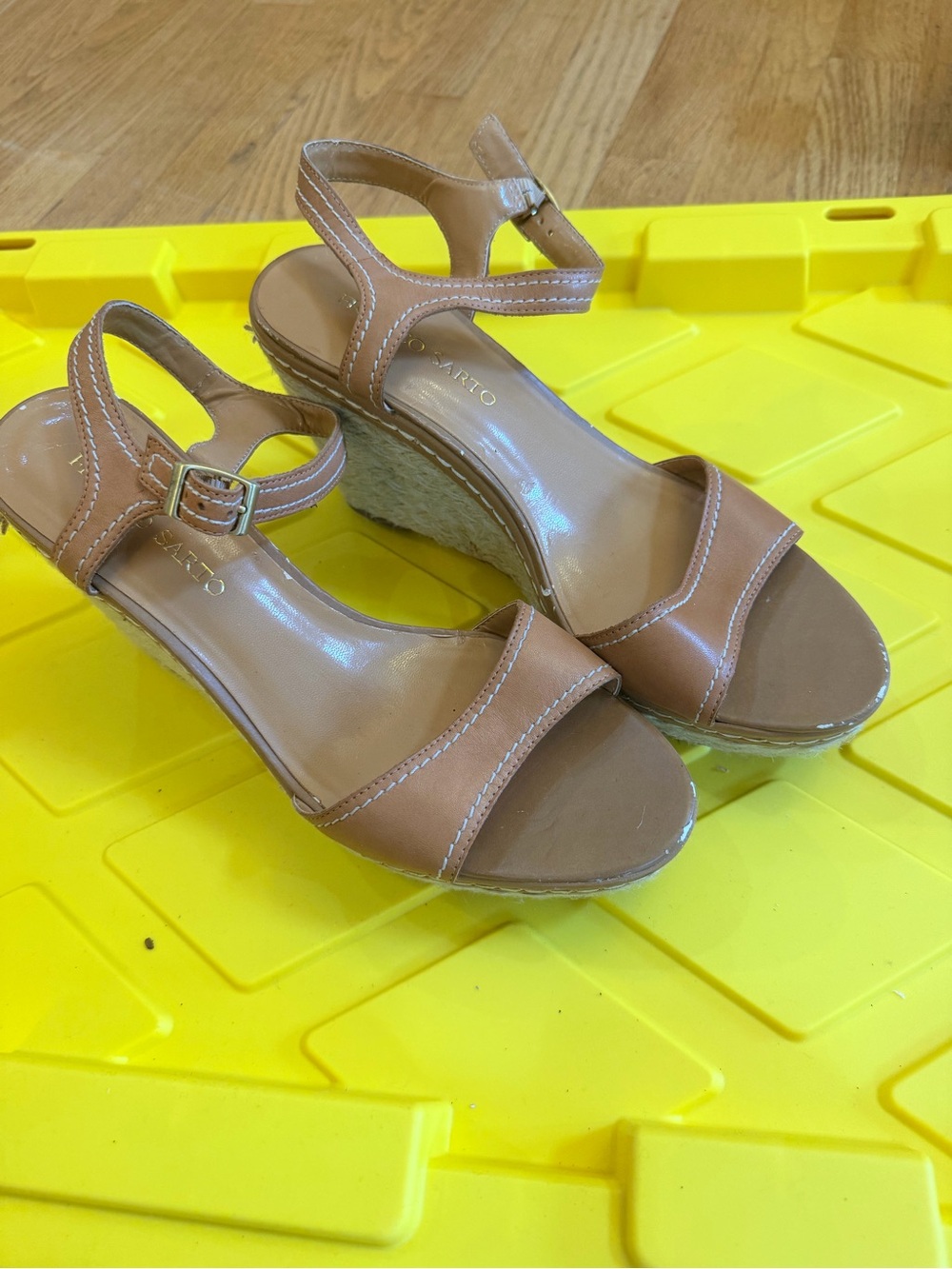 Ladies Size 11M "Franco Sarto" LEATHER Tan Espadrille Wedge Sandals GUC